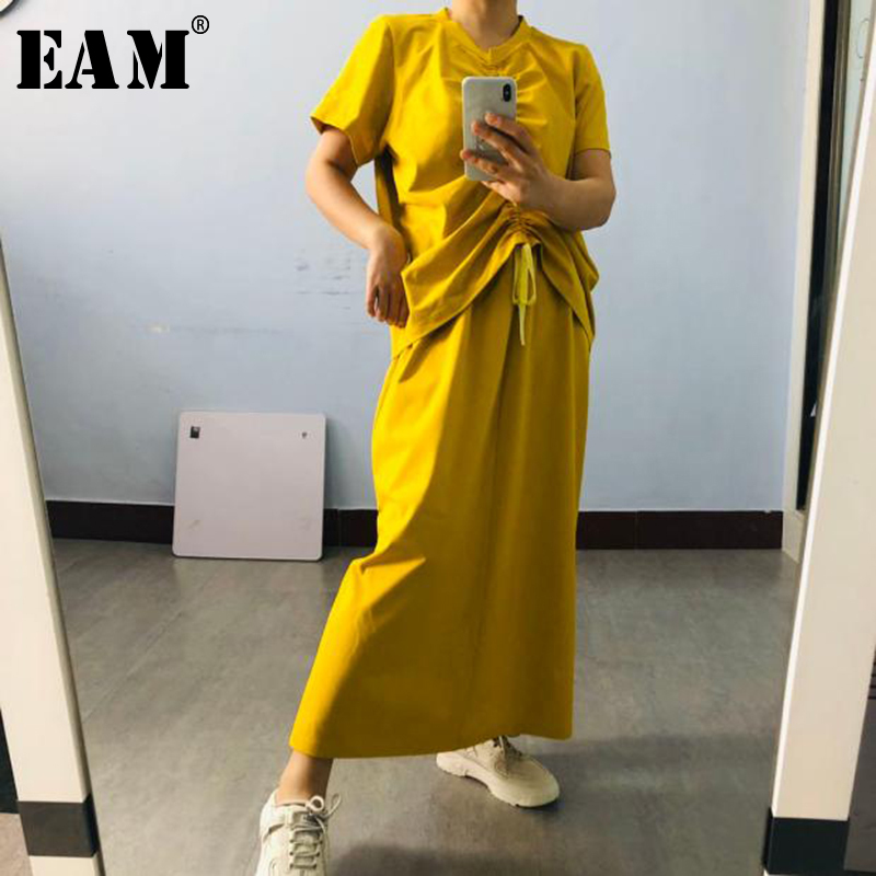 

EAM] Half-body Skirt Drawstring Two Pieces Suit New Round Neck Short Sleeve Black Loose Women Fashion Spring Summer 2020 1T204, Green