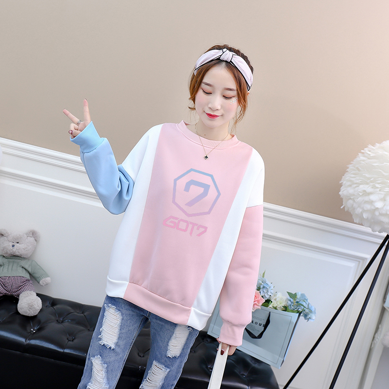 

Got7 Kpop Hoodies Women Korean Casual Streetwear Autumn Spring New Fleece Harajuku Contrast Color Spliced O-neck Sweatshirt Tops, Pink