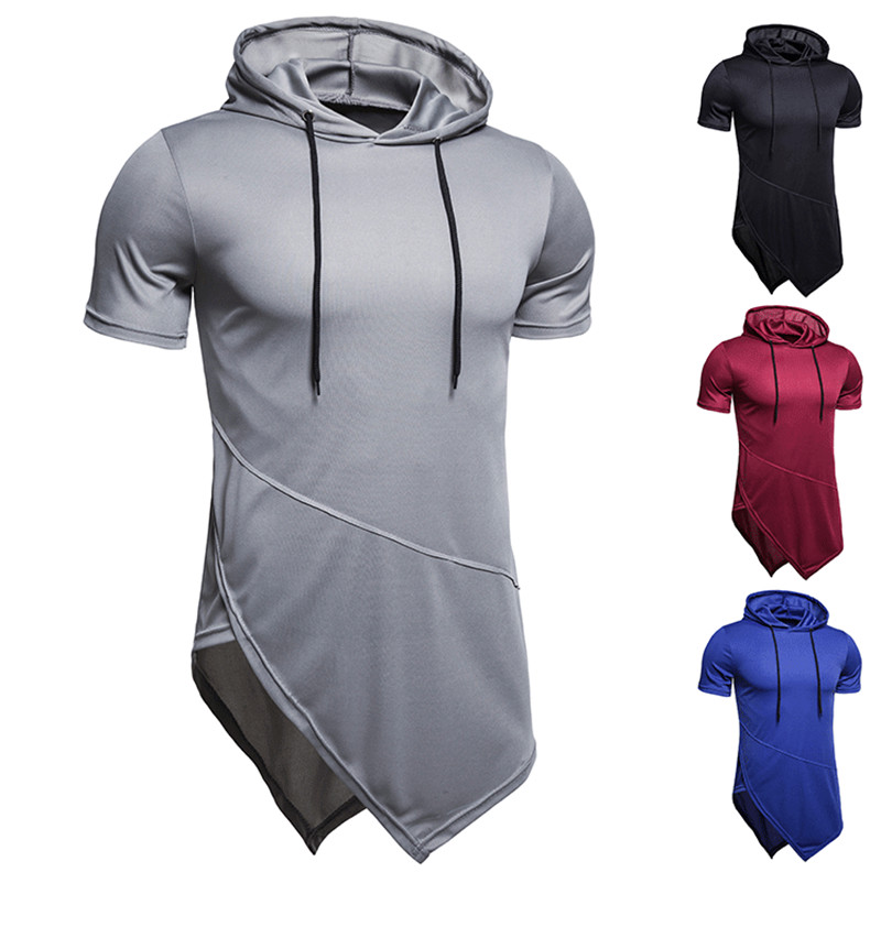 Men Casual Summer Tshirts Drawstring Hooded Short Sleeve Tees 20ss New Asymmetrical Tops