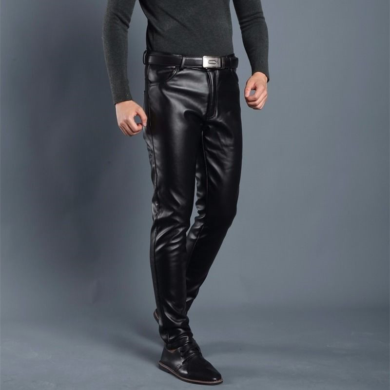 

Autumn Winter fit Warm Velet leather pants men's Leggings Black Solid Faux Leather Pants Jeans Trousers For Men