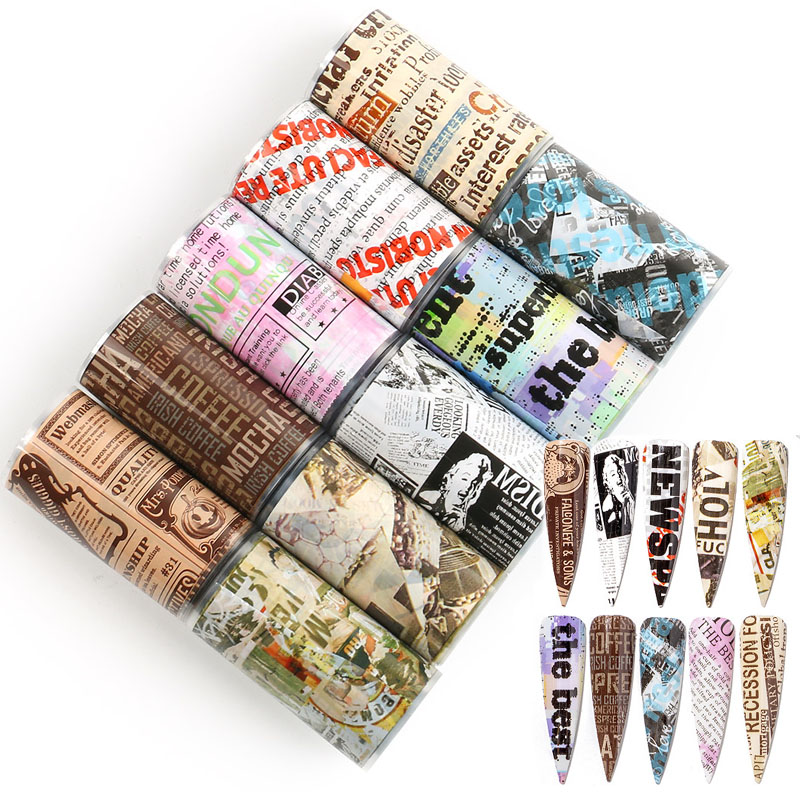 

10pc/lot Holographic Nail Foil Set Nails Wraps Newspaper Letter Starry sky Flowers Leopard Transfer Sticker Decal Nail Art Decor, Ptv109-20cm