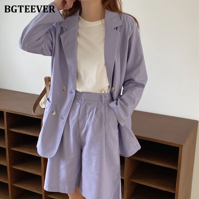 

BGTEEVER Vintage Purple Women Shorts Suits Long Sleeve Suit Jacket & Half Shorts Female 2 Pieces Set Pants Suit 2020 Summer
