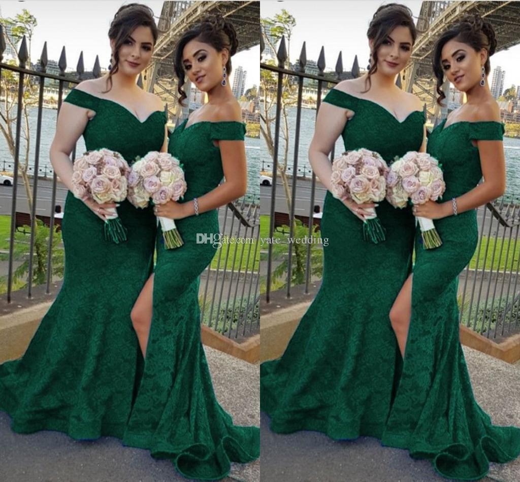 

Dark Green Full Lace Mermaid Bridesmaid Dresses Off Shoulder Plus Size Sweep Train Wedding Guest Dress robes de demoiselle d'honneur