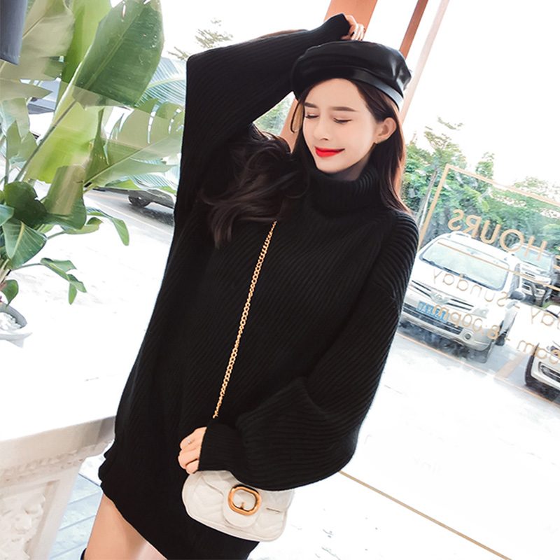 

Women's Turtleneck Knitted Sweater Dress Autumn Batwing Sleeve Solid Pullover Female Spring Loose Knitting Sweaters Dresses Lady, Black