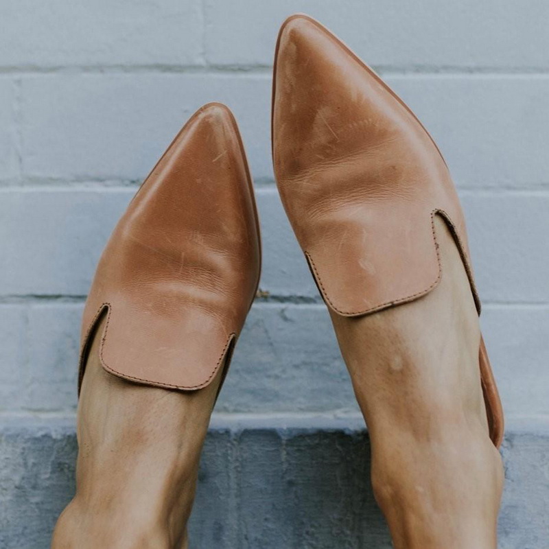 2020 Low Heel Slippers PU Leather Women Fashion Mule Shoes Pointed Toe Slides Patchwork Sandal Ladies Zapatos Mujer