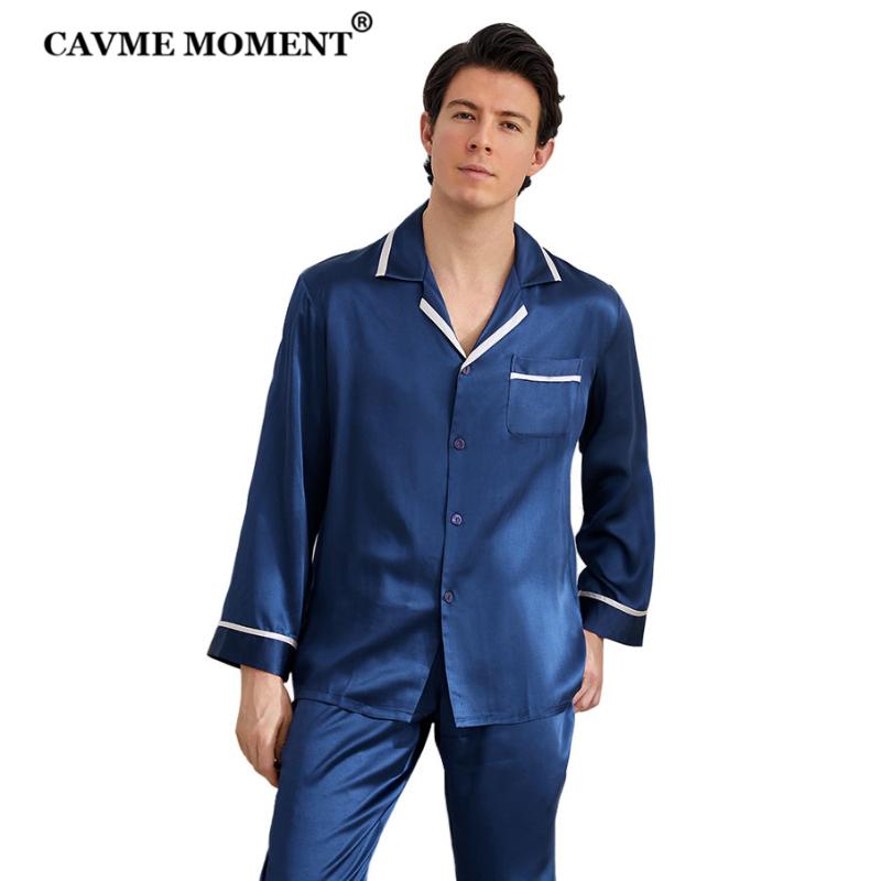 

CAVME 100% Silk Pajama Set for Men Homme's Luxury Homwear Father Sleepwear 2 Pieces PLUS SIZE Classic Design Solid Color, Cavme 1 light blue