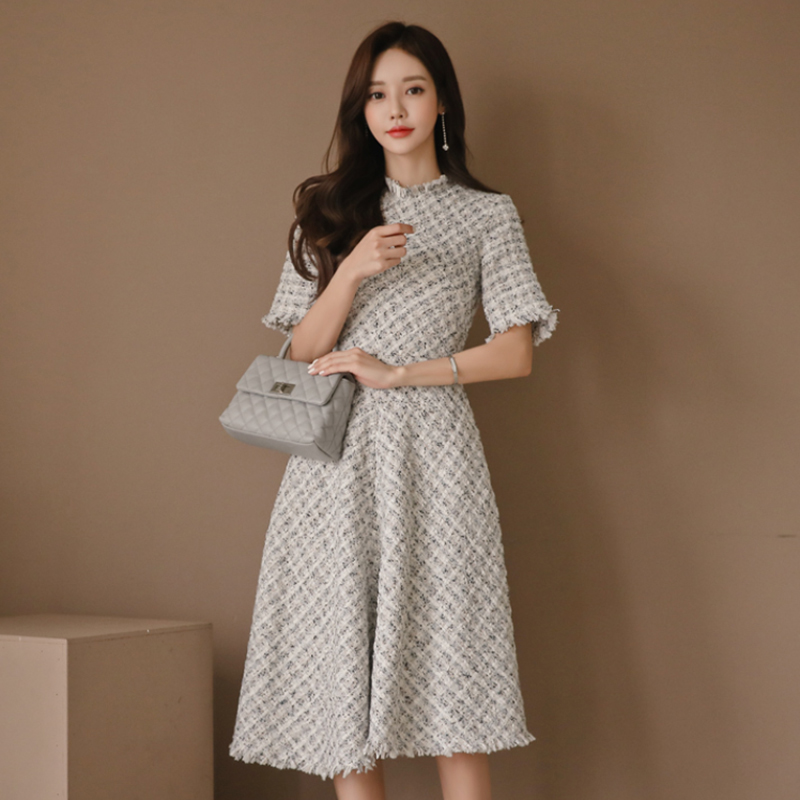 

Spring Tweed Dress Women Half Sleeve High Waist Long Midi Dress Elegant Plaid Slim Fit A Line Tassel Party Summer A063, Picture color