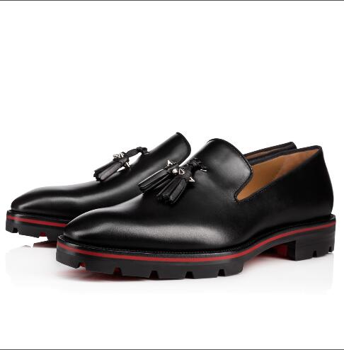

New Arrival Red Sole Loafers Soft leather Tassel Fringe Thick heel Wedding Office Dress Shoes, Black