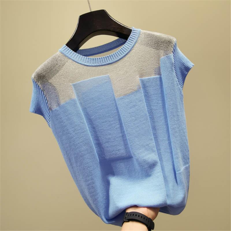 

2020 summer new arrival tops Korean patchwork Ice silk knitted sweater women o-neck short sleeve pullover fashion thin sweaters, Black