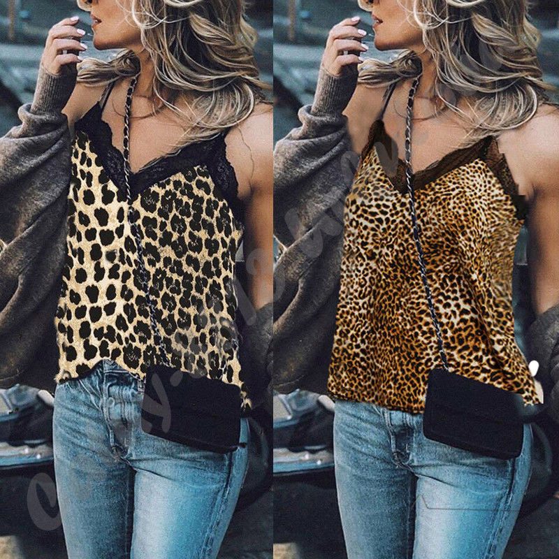 

HIRIGIN Fashion Women Sexy V Neck Leopard Print Camisole Tee Vest Summer Lady Lace Cami Crop T Shirt, Black