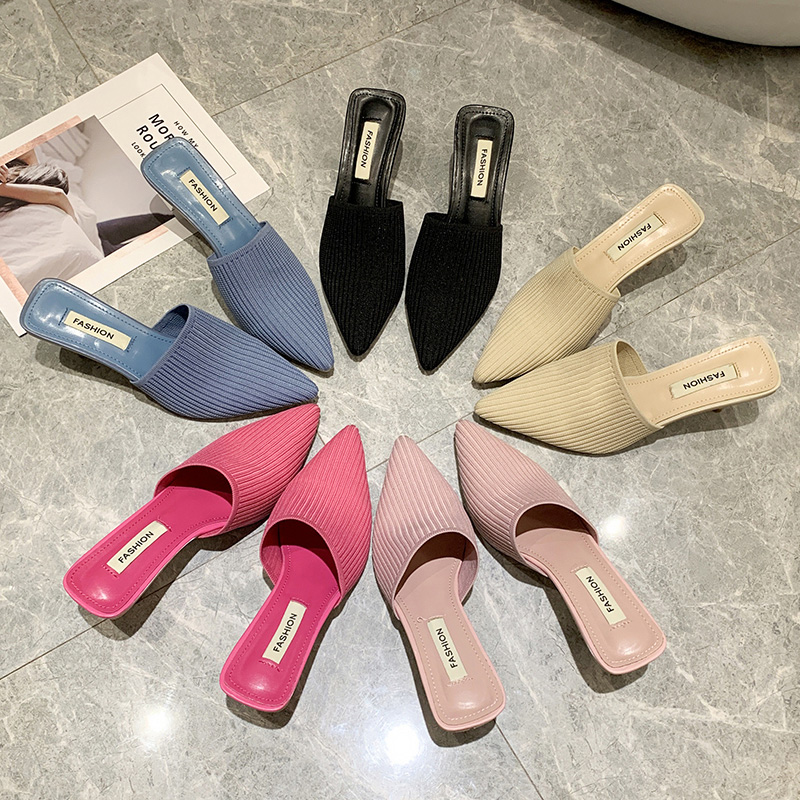 

2020 Baotou Half Slippers Women's Wear Korean Fashion Women's Shoes Knitting Tips Fine Lazy High-heeled Sandals Summer, Beige