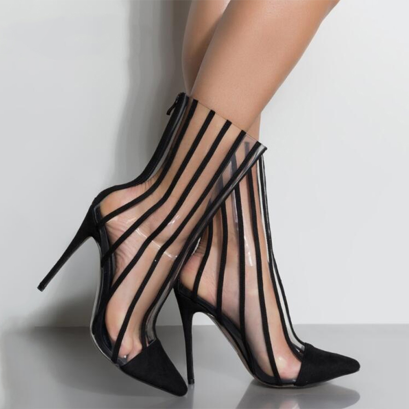 

Fashion PVC Transparent Boots Sandals Pointed Toe Thin High Heels Shoes Clear Women Boots Black Striped Boots Party Shoes