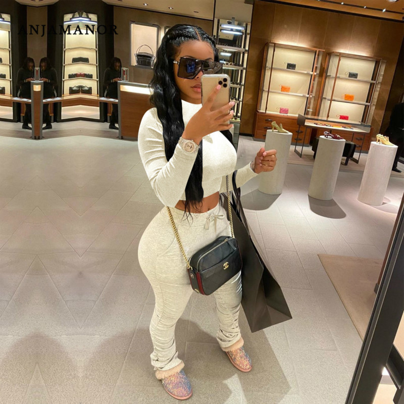 ANJAMANOR Fashion Sexy Two Piece Set Women Turtleneck Long Sleeve Crop Top and Stacked Pants Sets Fall Winter 2020 D41-AG93 T200606