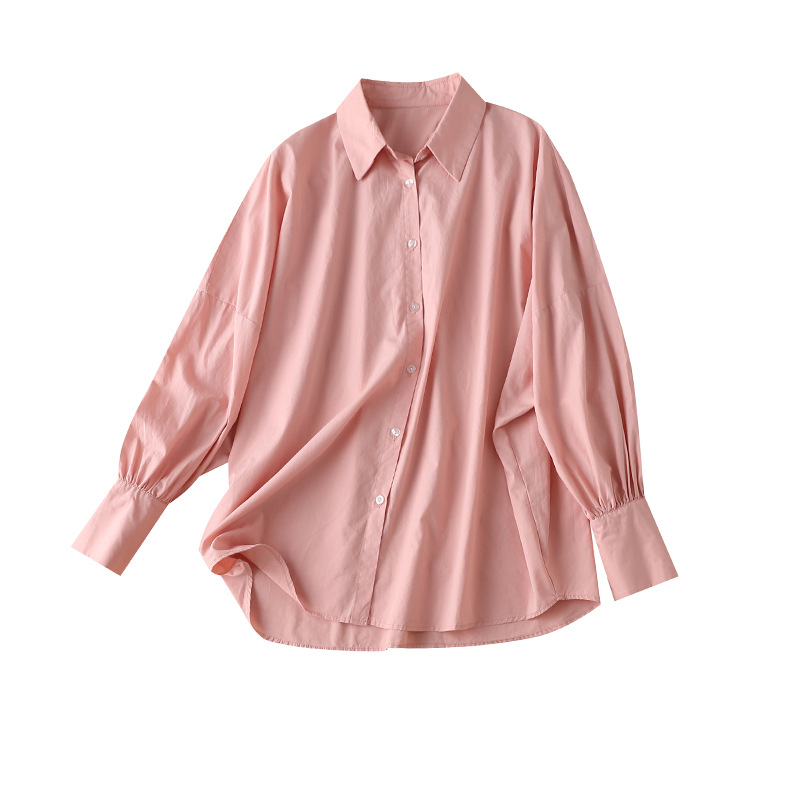

100% Cotton Women's Long Sleeve Shirt Turn-down Collar Casual Loose Top White Female Blusa Femenina Solid Plain Women Shirt, Pink