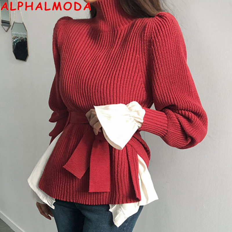 

ALPHALMODA 2020 Spring Women Long-sleeved Sweater High Collar Side Slit Slim Sashes Women Solid Jumper Fashion Sweater, Beige