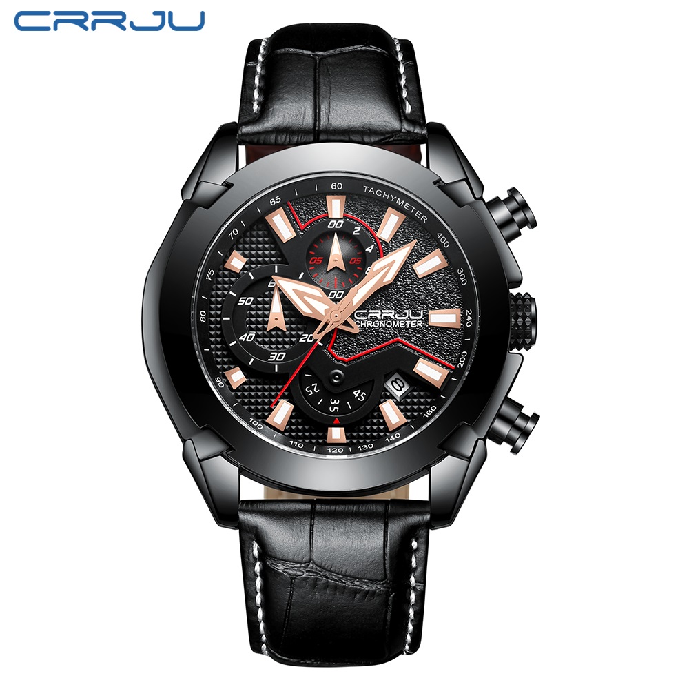 

2020 CRRJU Men's Chronograph Quartz Watch men Luxury Date Luminous Waterproof watches Leather Strap Dress Wristswatch erkek kol saati, Slivery;brown