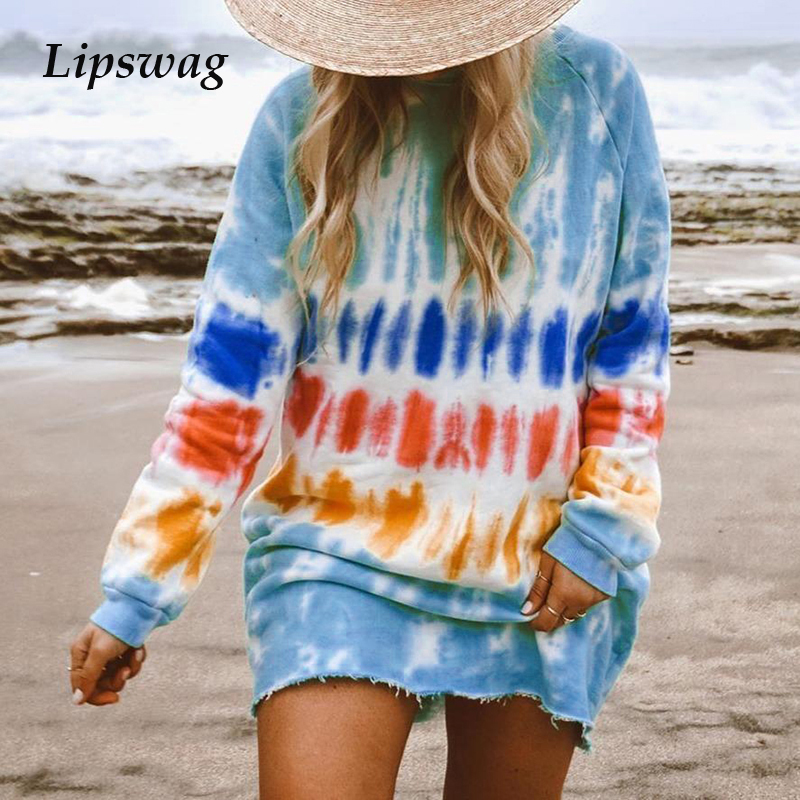 

Women Rainbow Tie Dye Print Mini Dress Autumn O-Neck Long Sleeve Sweatshirt Dress Casual Female Loose Straight Streetwear, Purple