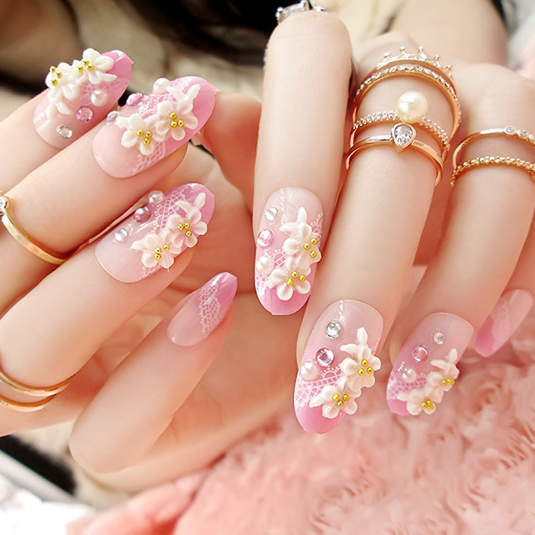 

24pcs/set Press on Nails 3D Flowers Printing Artificial False Nails Design Fake Nail with Glue Nail Tip, C11