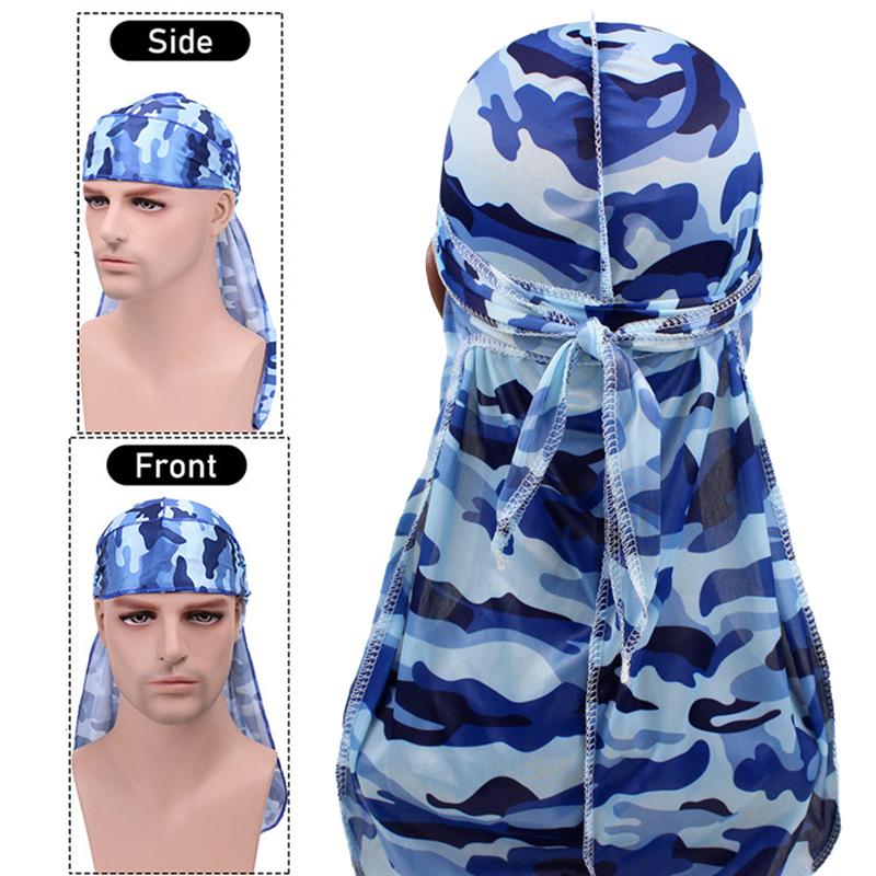 

1PC New Unisex Long Silk Fabric Breathable Turban Hat Wigs Doo Durag Biker Headwrap Chemo Cap Pirate Hat Men Hair Accessories, Colorful camouflage