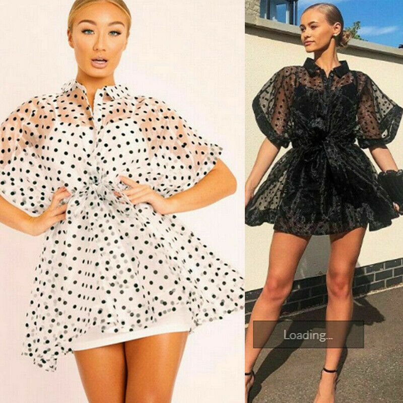 

Vintage Sexy Lace Short Dress Women Long Puff Sleeve Dresses Dots Female Cover Up