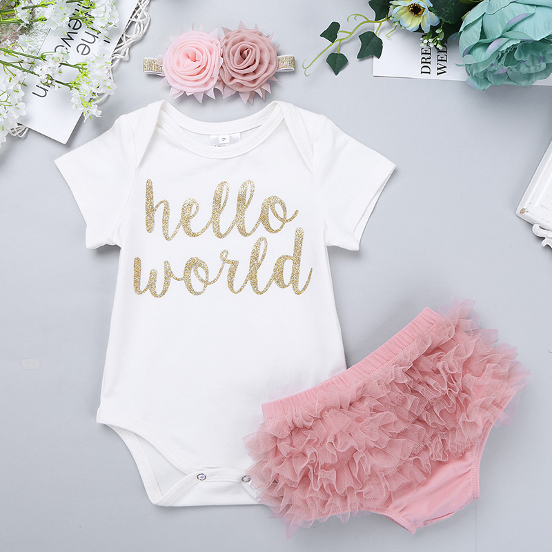 

3pcs Infantil Baby Girls Hello World Outfit Short Sleeves Romper with Bloomers Headband Set for Newborns Photography Party, Pink