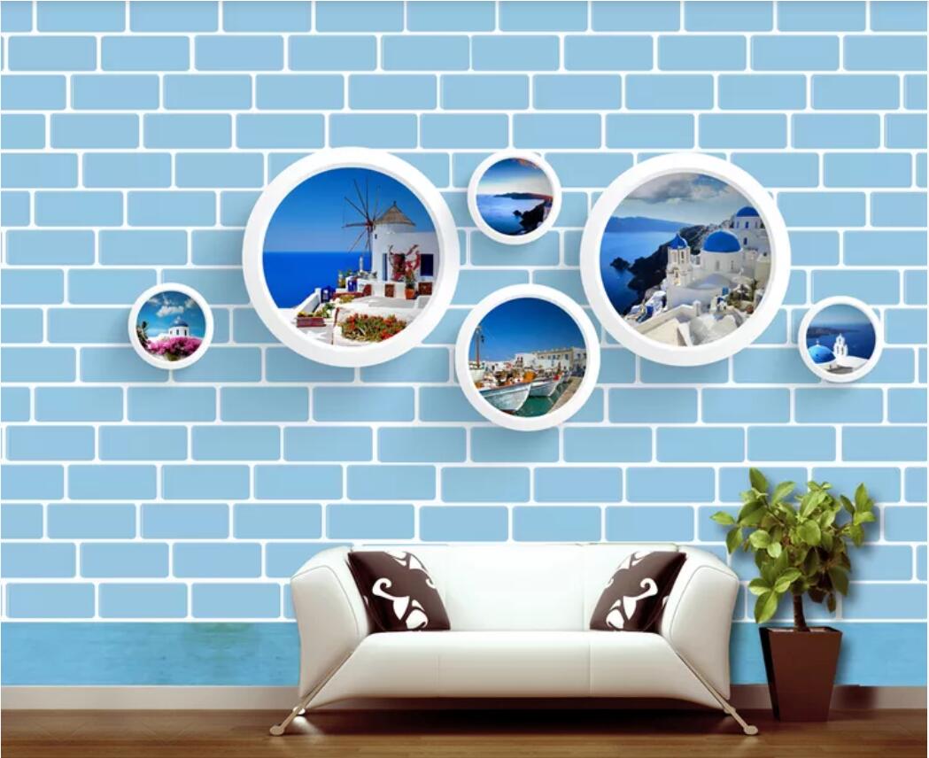 

3d room wallpaper custom photo mural Blue mediterranean style brick wall circle background wall wallpaper for walls 3 d, Non-woven fabric