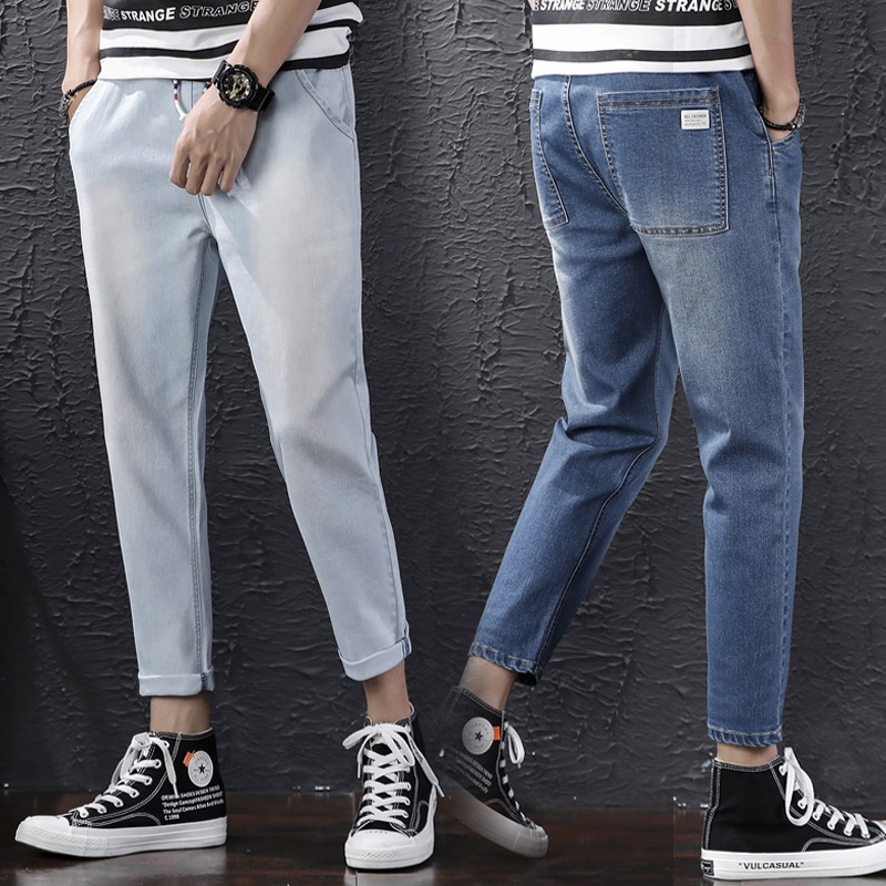 

Man Nine Part Pants Elastic Force Tightness Waist Jeans Male Tide Youth Four Seasons Stretch Body Skinny Jean, Light blue full leng