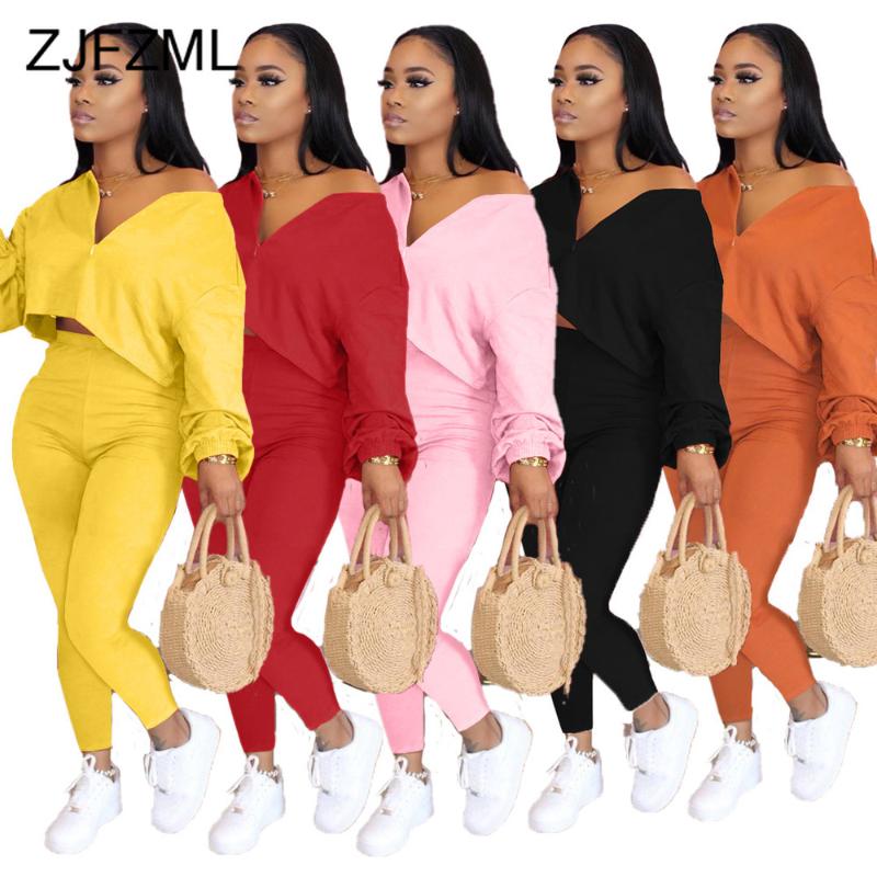 

Plus Size Two Piece Set Summer Outfit For Women 2020 Front Zipper Long Sleeve Crop Top Pencil Legging Lounge Wear Matching Sets, Orange