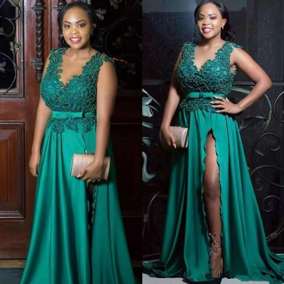 

2019 Sexy Beaded Plus Size Evening Dresses V Neck Split Side Prom Party Gowns With Sash Sweep Train A Line Formal African Dress 104, Light yellow