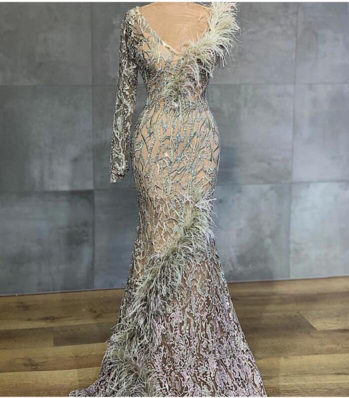 

evening dress free youself aljasmi larourjoisie long dress mermaid vneck long sleeve one shouler feather beaded zuhair murad, Same with picture