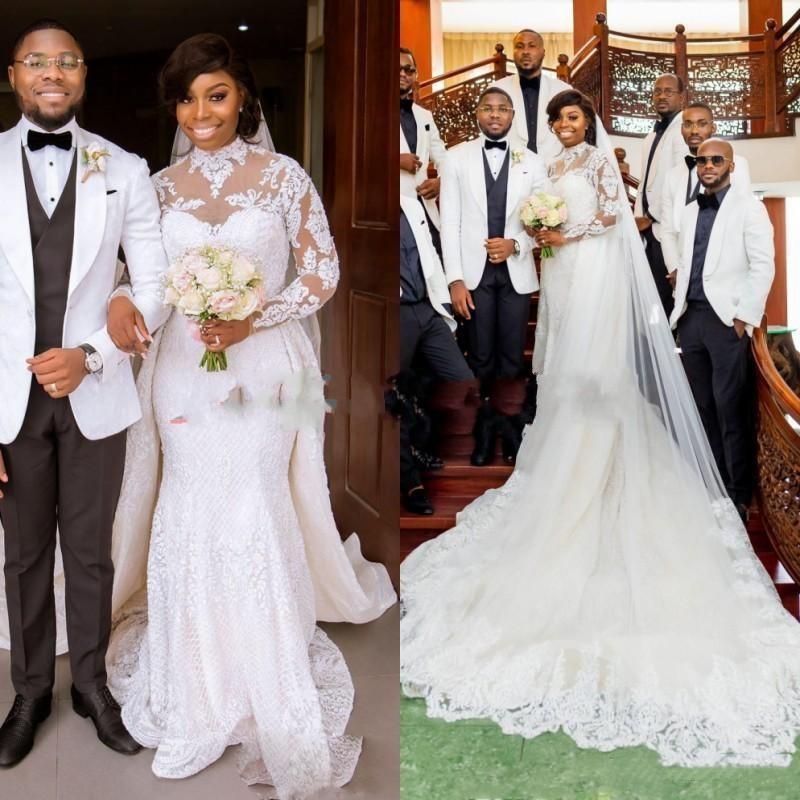 High Neck Lace Dresses With Overskirt Long Sleeves Applique Chapel Train African Plus Size Country Wedding Bridal Gown