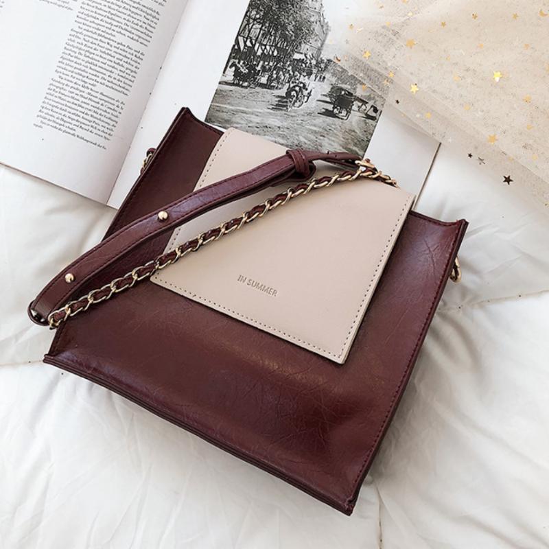 

Contrast color Square Tote bag 2021 Fashion New High Quality PU Leather Women's Designer Handbag Chain Shoulder Messenger Bag, Black