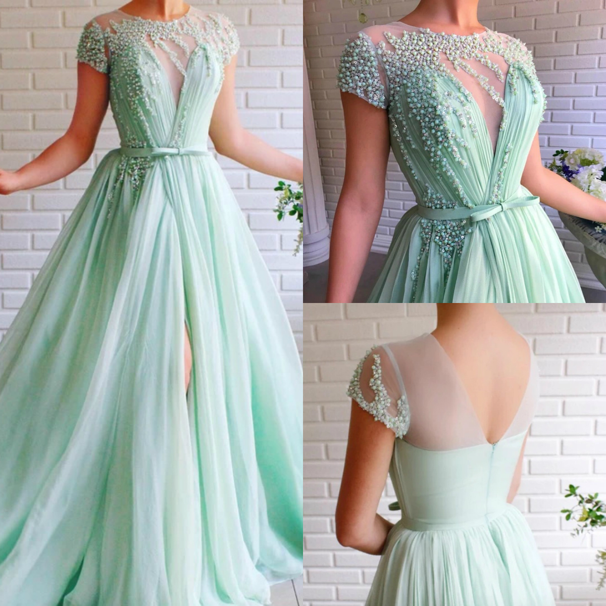 

2020 New Arrival Sage Prom Dresses Jewel Neck Pearls A Line Floor Length Evening Dress Custom Made Short Sleeve Split Formal Gowns, Dark green