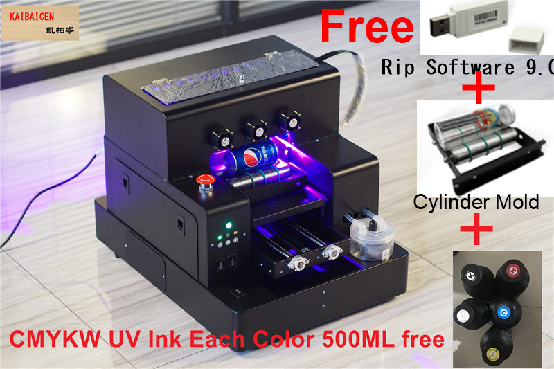 Automatisk A3 UV -platt och cylinder bläckstråleskrivare 3D Emfoss Effect Plast/TPU/ABS/acylisk/metallflaska och fodral med UV -bläckfri UVV -format kan skriva ut lack direkt