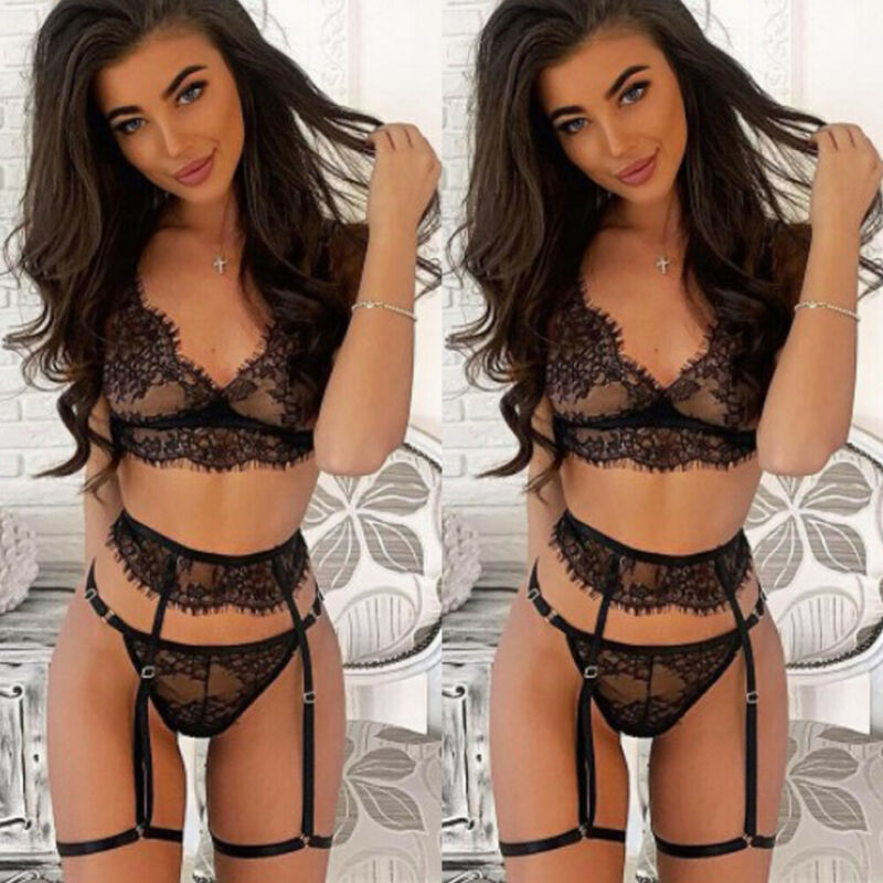 

3PCS 2020 Female Women Sexy Lingerie Black Lace Dress G-string Underwear Babydoll Sleepwear Sets