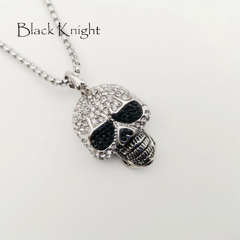 

Black Knight Full Rhinestones Bling Bling Skull pendant neckalce Silver color stainless steel Skull punk necklace BLKN0780