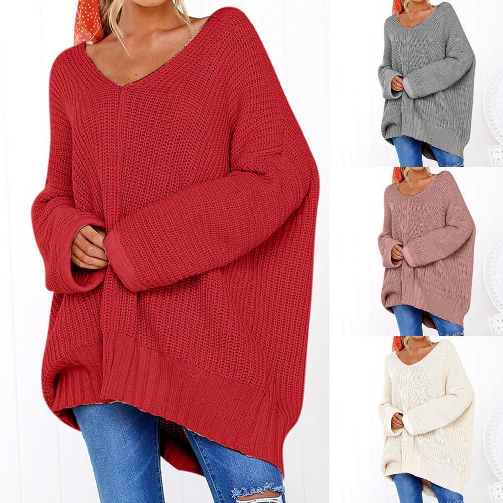 

2019 Women Winter Sweater Casual Solid Long Sleeve Jumper V-Neck Lazy Loose Autumn Sweater Blouse sueter largo mujer #FN70, Gray