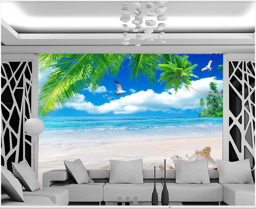 

3d wallpaper custom photo Seagull window sea sea view room coconut tree TV background wall home decor 3d wall murals wallpaper for walls 3 d, Non-woven