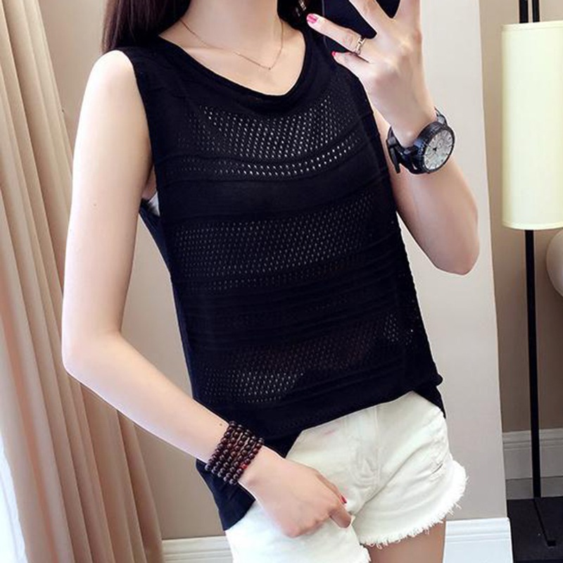

Solid Color Versatile Sleeveless Hollow Out Tops For Women Female 2019 Sexy O-neck Slim Casual Tank Tops Vest Summer