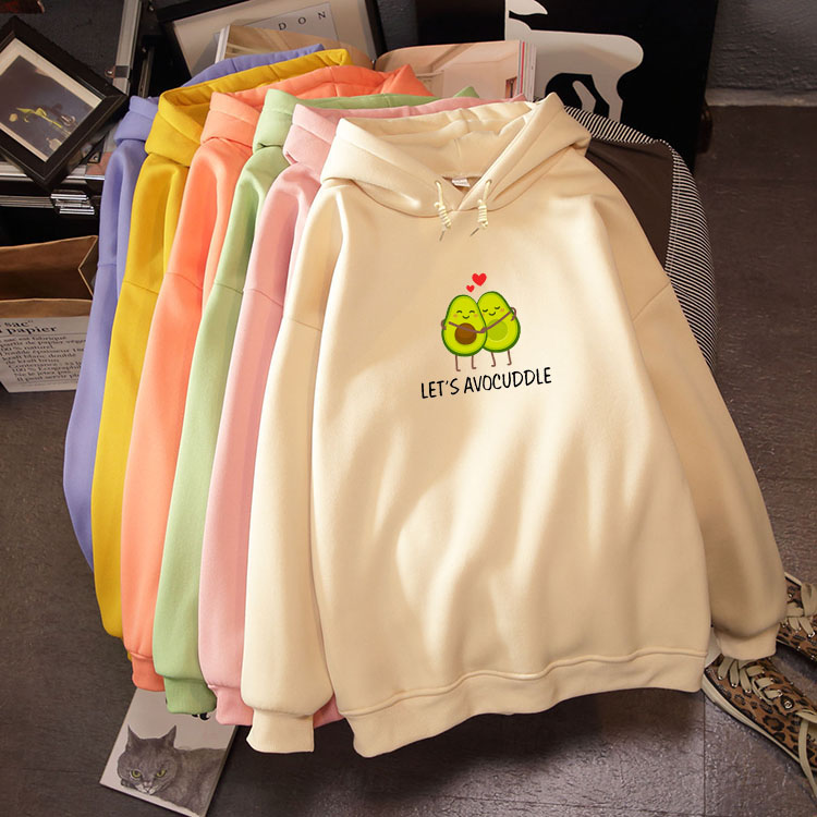 

2020 Winter Harajuku Couple Sweatshirt Cute Cartoon Avocado Print Women Hoodies Korean Fashion Streetwear Female Pullovers Coats, White
