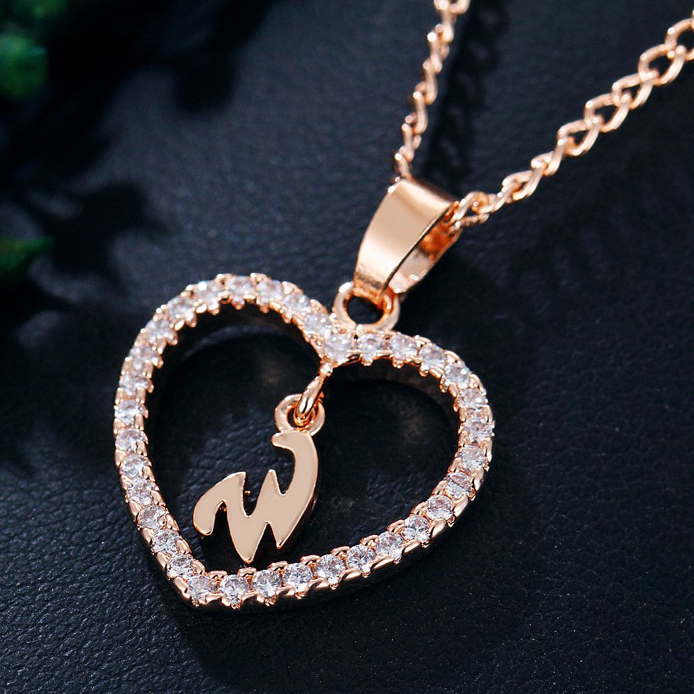 Factory directly rose gold plated Letter W Necklace 26 letters zircon love necklace jewelry Love Pendant 18 inches chain free shipping-image-495698867