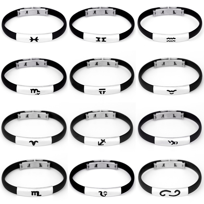 

New Design 12 Zodiac Sign Wristband Bracelet Twelve Constellations Titanium Steel Black Silicone Bangle for Men Jewelry Lovers Bracelets