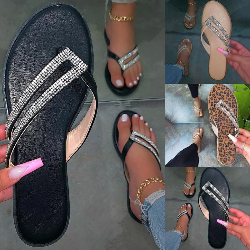 

Summer Women's Flip-Flops Open Toe Rhinestone Casual Beach Shoes Flats Slippers Sandals Slipper European Women's Shoes Summer, Beige