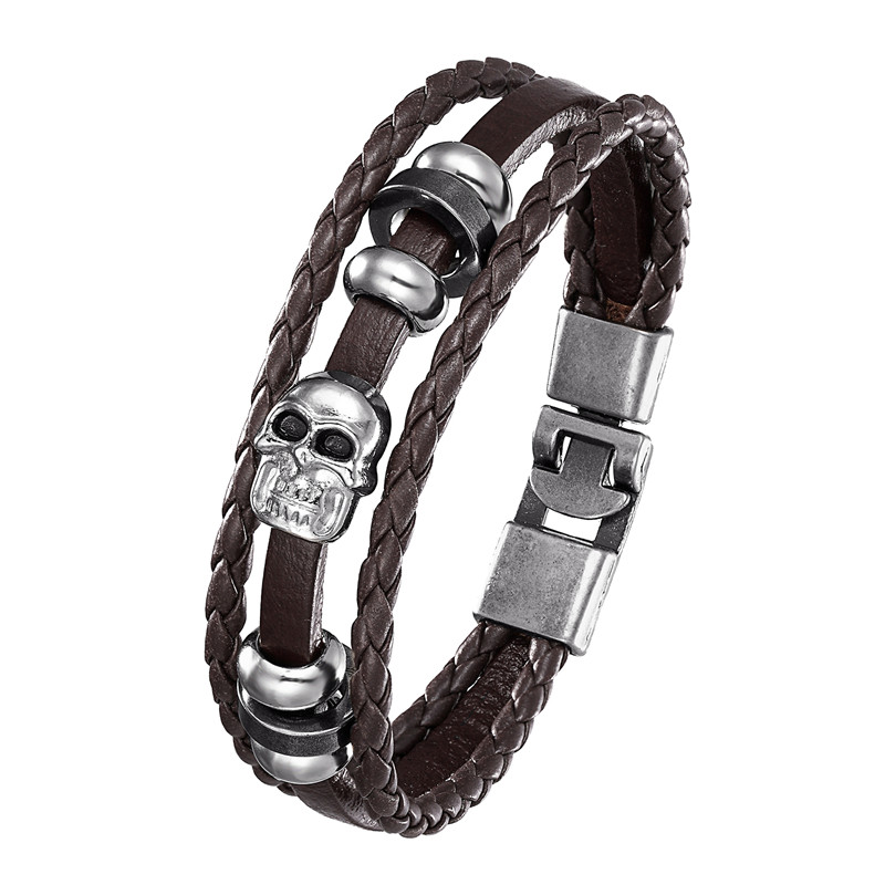 

2020 Men's Black Leather Bracelet Alloy Skull Woven Cowhide Men's Multi-layer Wrap Bracelet