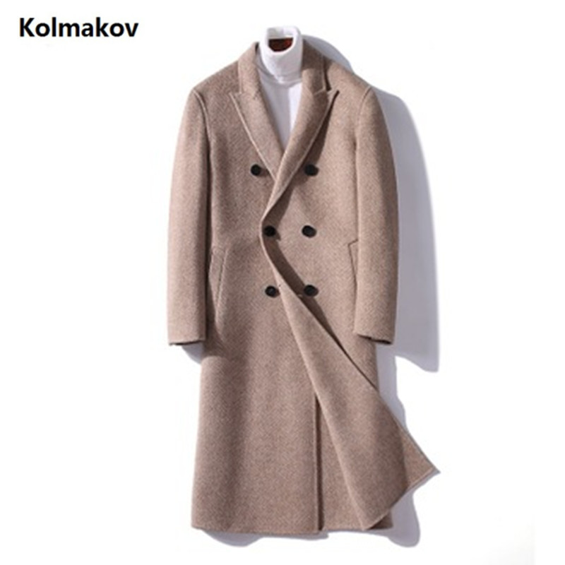 

2019 Winter new Men's Long double side wool coat turndown collar casual woolen overcoat high quality Double breasted trenchcoat, Black