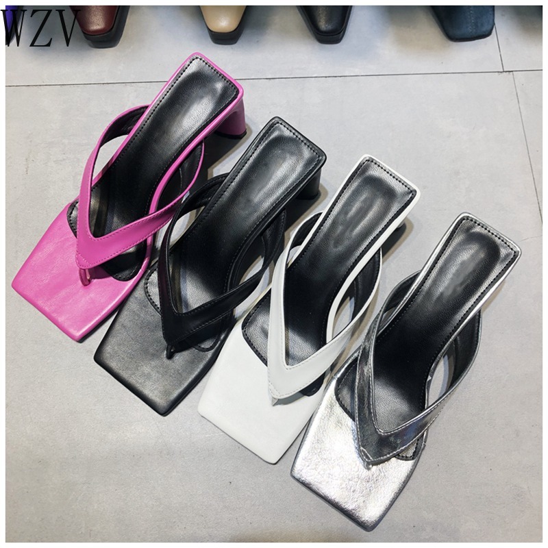 

New Women Slippers Ladies Summer Slides Square Toe Med Heel Sandal Shoes Outdoor Beach Flip Flops Slides Shoes Zapatos De Mujer, Black