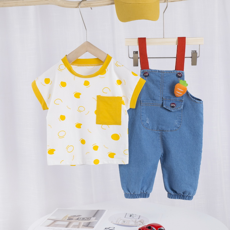 

Summer Baby Girl Boy Fashion Clothes Set Infant Toddler Short Sleeve T-shirt +Carrot Denim Strap Shorts 2Pcs Suit