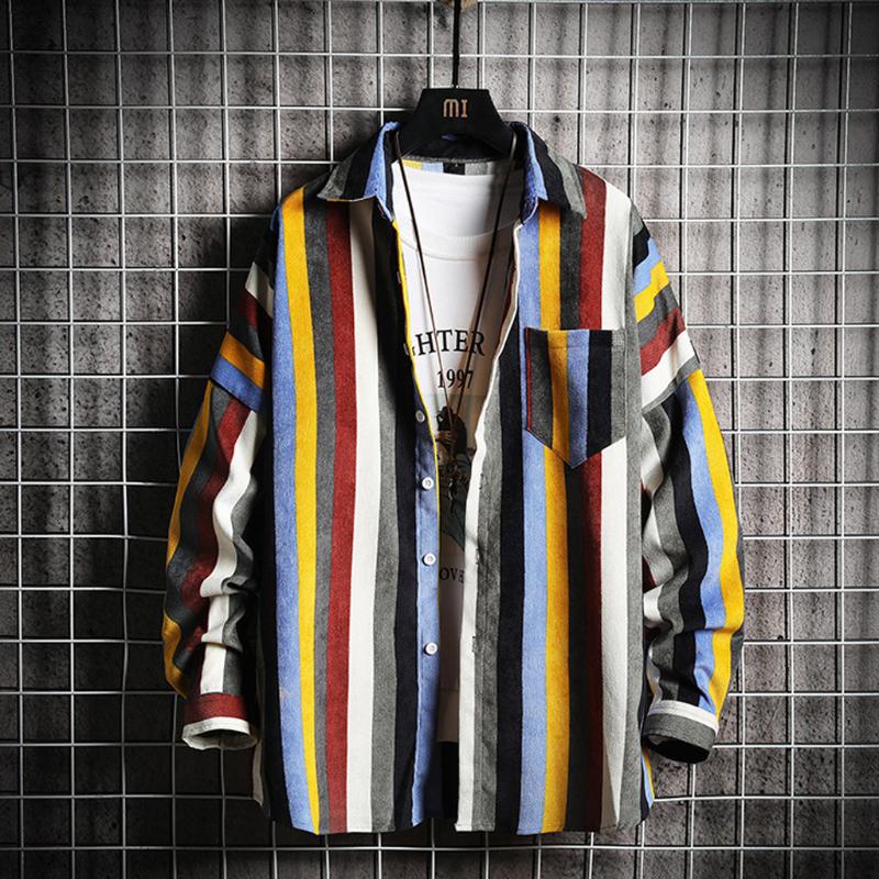 

Long Sleeve Men' Shirt Vintage Vertical Striped Shirts for Men Harajuku Thin Loose Streetwear Striped Shirt Korean Men B50, Blue