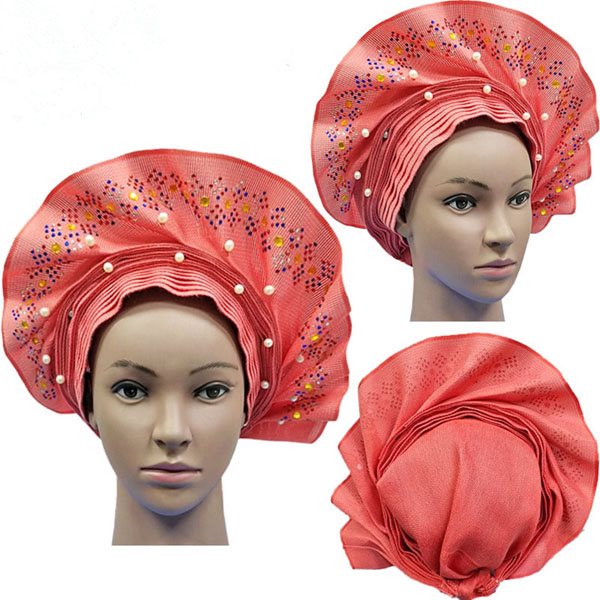 

2019 New African Aso Oke Auto Gele with Colorful Stones and Beads Women Headrap for Party and Wedding010