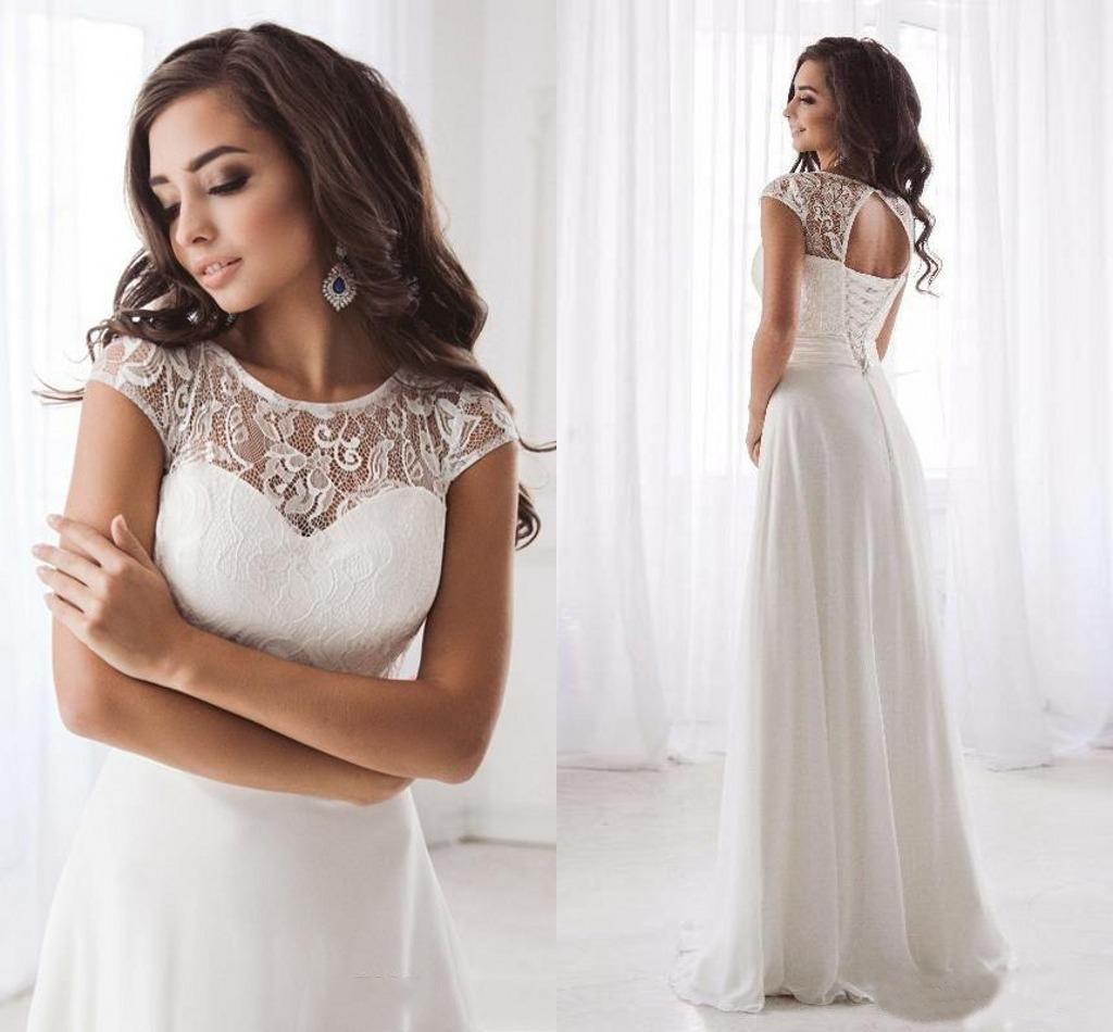 Setwell Jewel A-ligne robes de mariée à manches courtes sexy dos nu dentelle plissée en mousseline longueur de plancher Birdal Robes